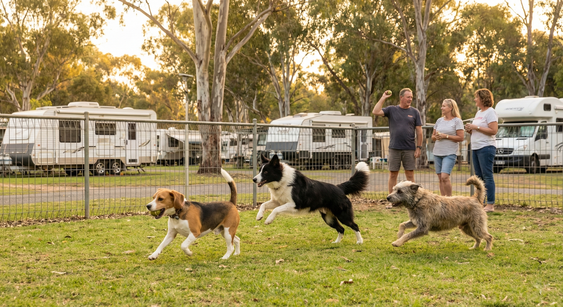 A fenced off-lead dog area at an Australian caravan park. Three dogs playing — a beagle, a border collie, and a small terrier mix. Their owners chat in the background near the fence. Caravans and motorhomes visible beyond. Late afternoon light. The dogs are mid-play, natural and unposed. One owner is throwing a ball. The scene shows dogs being welcome and socialising. Grassy area with some shade trees. Real caravan park community moment. Authentic style.