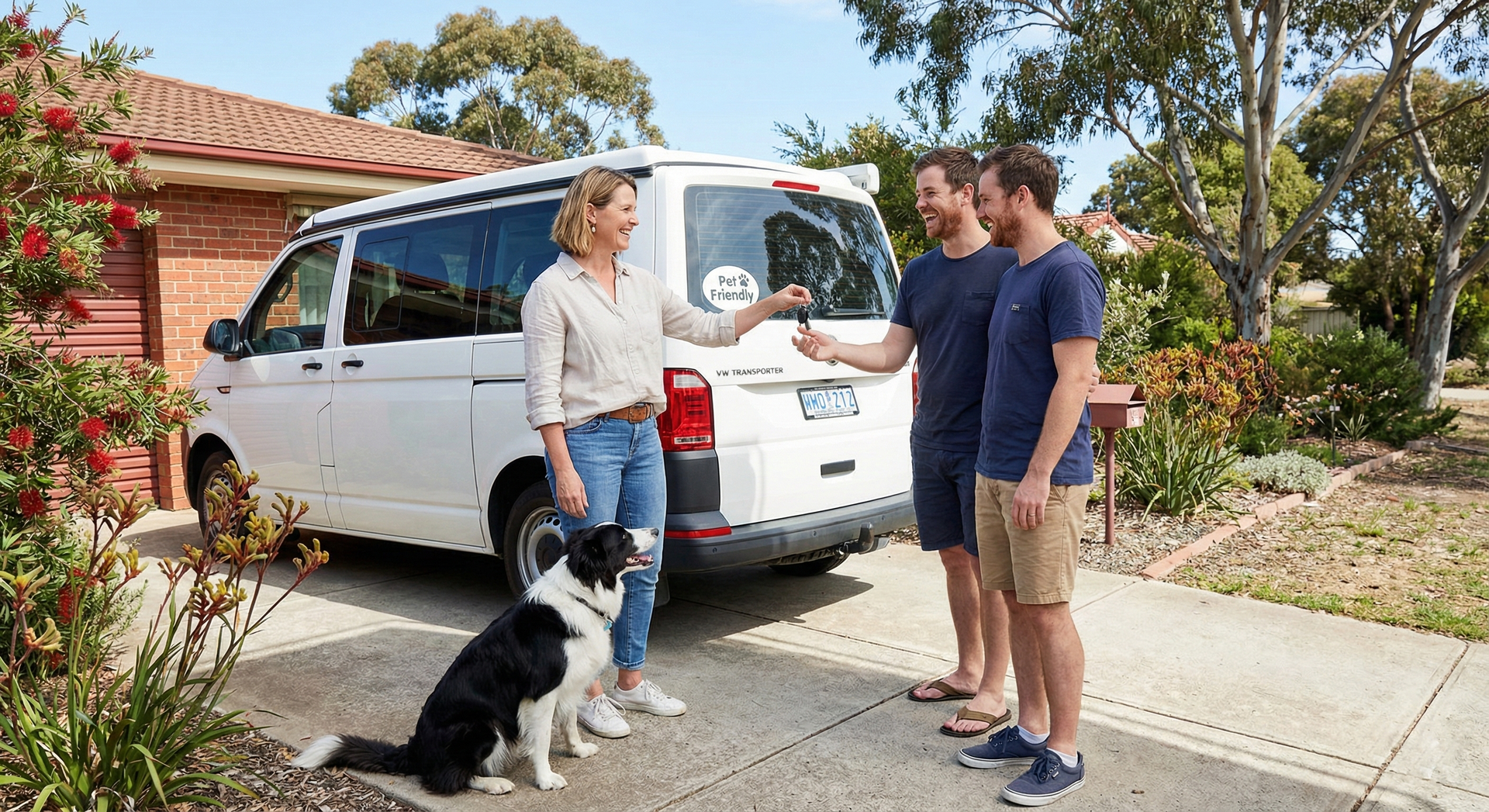A friendly woman in her 40s (a Camplify owner) handing over campervan keys to a couple, while a border collie sits attentively beside her. Suburban Australian driveway. The van is clean and ready, with a "Pet Friendly" sticker visible on the window. Everyone is smiling — the owner is clearly giving tips about the van. Casual clothes, natural poses. The dog looks well-behaved and part of the handover. Authentic community moment. Authentic style.