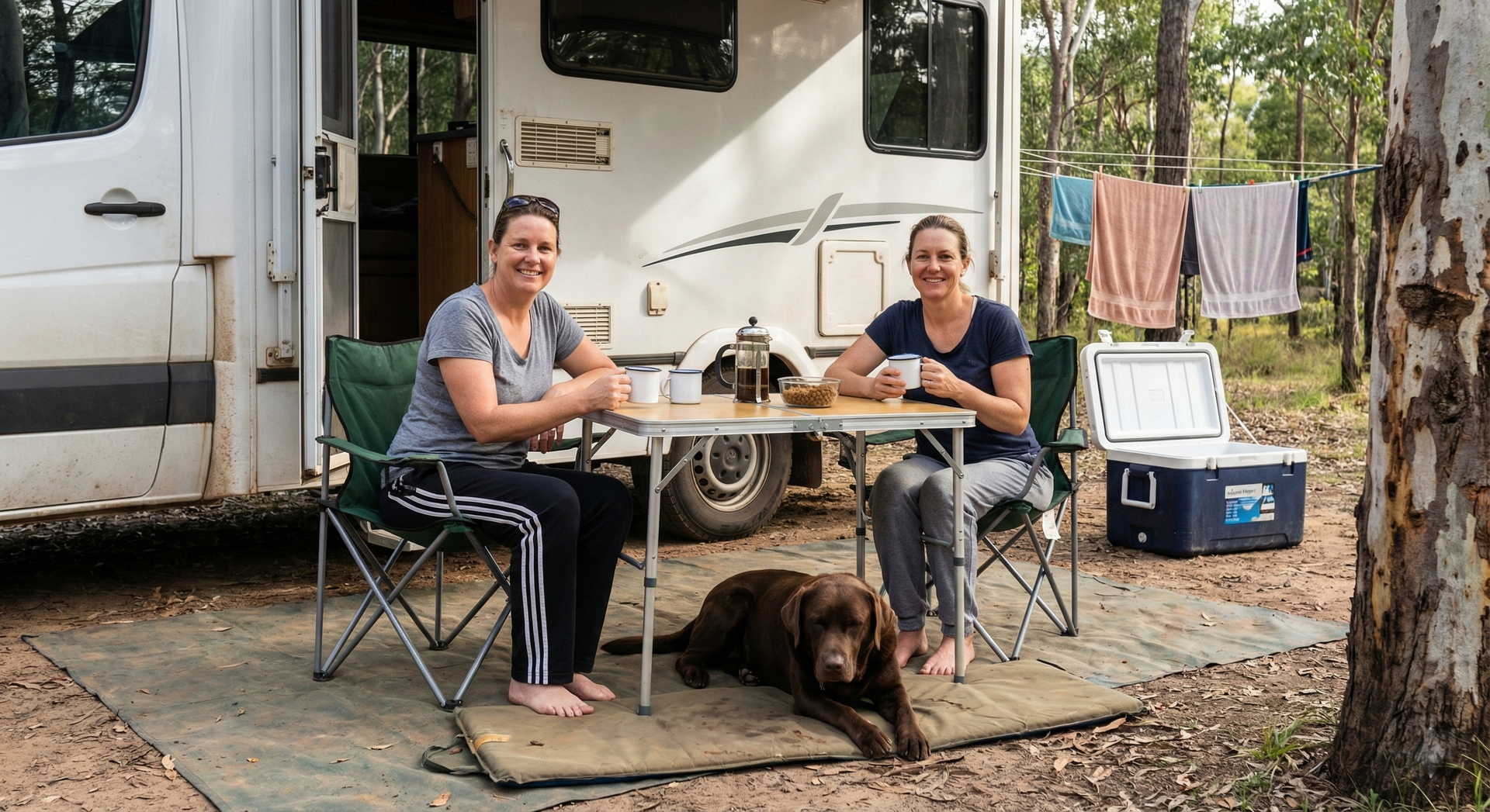 A couple in their 40s having breakfast outside their motorhome at a Queensland bush campsite. A chocolate labrador lies on a camping mat between their chairs, completely relaxed, eyes half-closed. Morning light filtering through gum trees. Camp table with enamel mugs, French press coffee, and a bowl of dog kibble visible. Everyone is in casual clothes — trackies, bare feet. Unhurried morning energy. Camping clutter visible — towels drying, esky open. Authentic style.