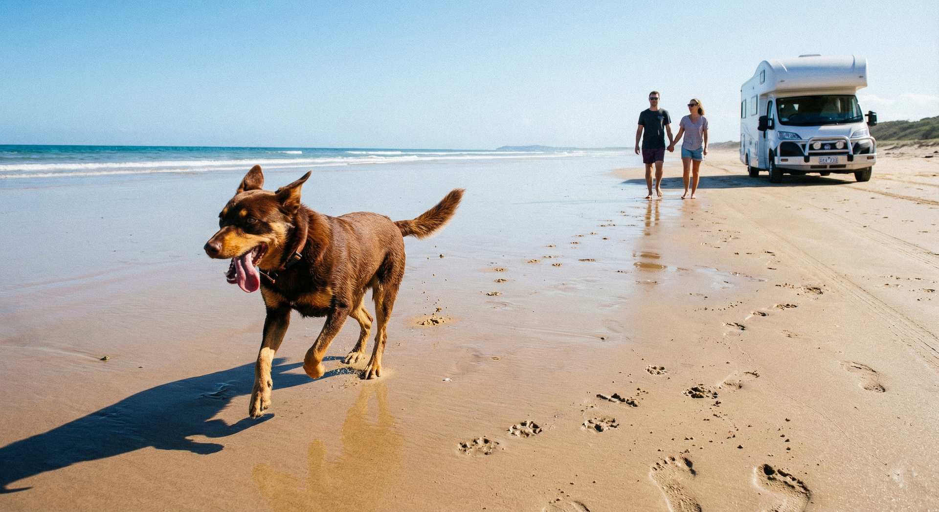 A red kelpie running at full speed along a wide, empty NSW beach at low tide. Ears flying, tongue out, pure joy. In the mid-ground, a couple walks hand-in-hand toward a campervan parked at the beach access point. Harsh mid-morning Australian summer light. Footprints and paw prints in the wet sand. The dog is off-lead and living their best life. No posing — this is a candid action shot of a dog experiencing freedom. Authentic style.