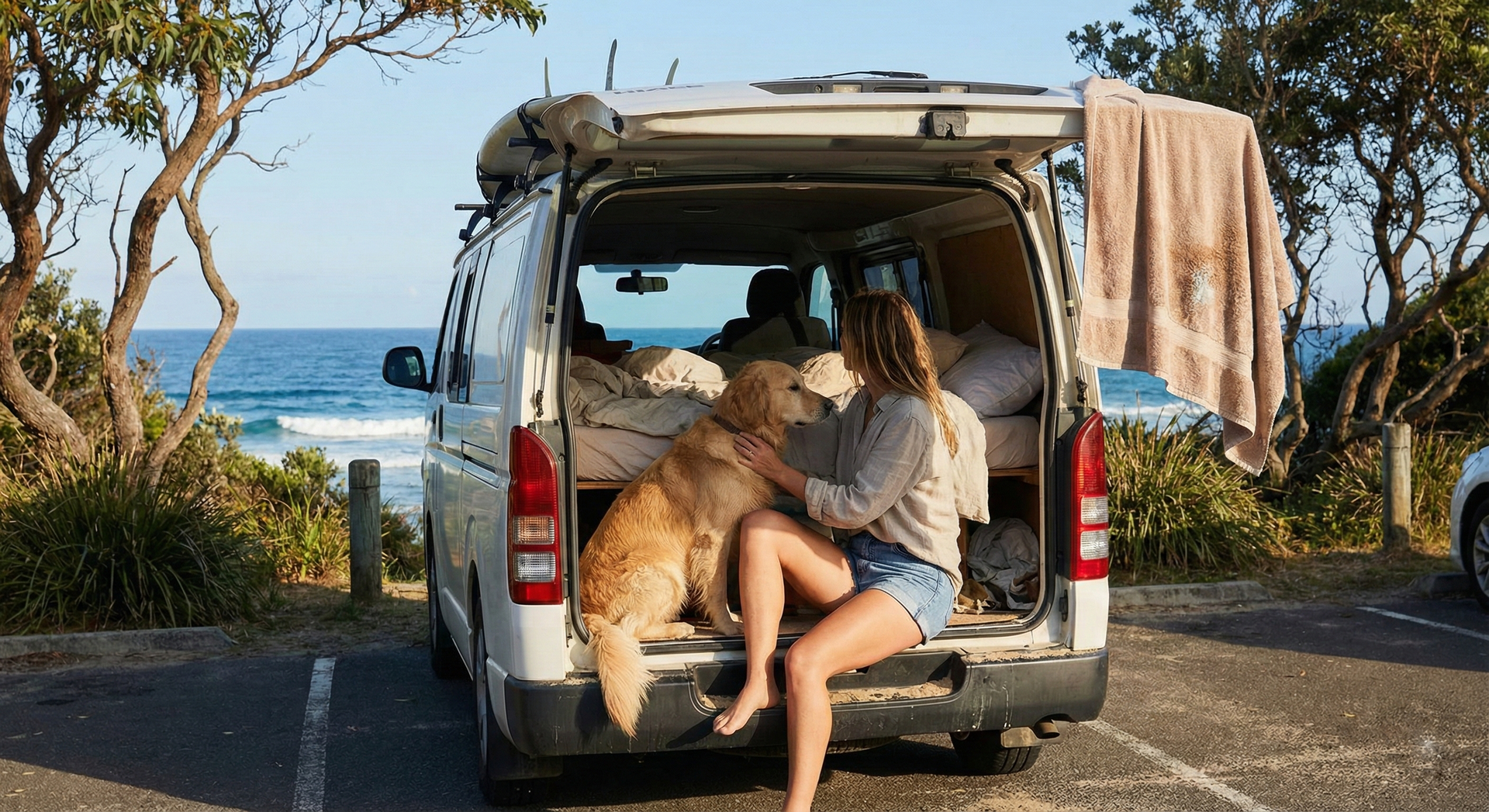 A woman in her 30s sitting on the open tailgate of a campervan, her golden retriever leaning against her legs, both looking out at an Australian coastal view. Late afternoon light. The moment feels intimate and connected — the dog isn't performing, just being with their person. Eucalyptus trees frame the shot. The van shows signs of travel — a surfboard on the roof rack, sandy towel draped over the door. Candid, warm, real bond between human and dog. Authentic style.