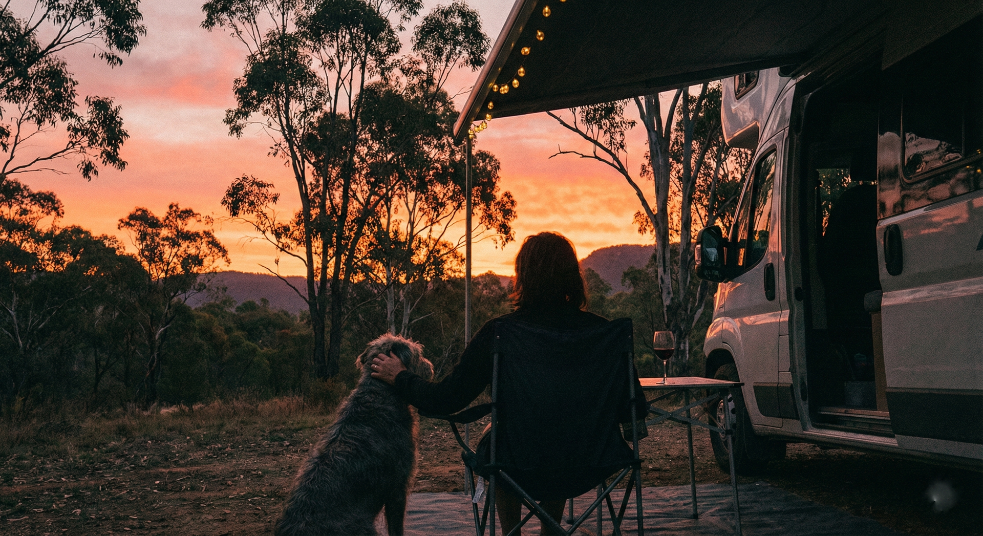 Silhouette shot at sunset. A person sitting in a camp chair beside their campervan, their medium-sized mixed-breed dog sitting beside them, both watching the sunset over an Australian landscape. Fairy lights just starting to glow on the van awning. Orange and pink sky. The person's hand rests gently on the dog's head. A glass of wine on the camp table. The moment is quiet and connected — end of a good day. Emotional, peaceful, real. Authentic style.