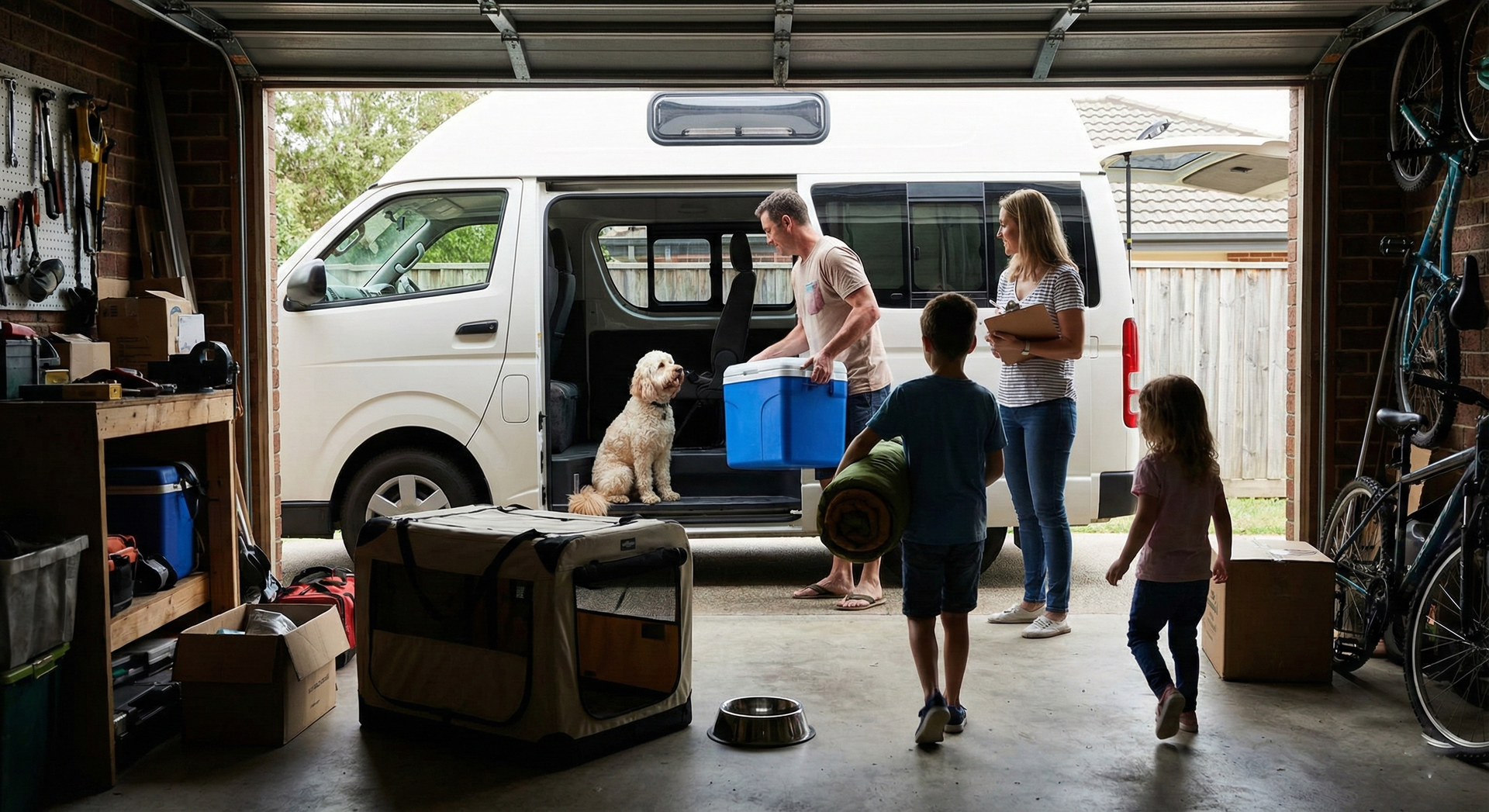 POV shot from inside a garage: a family packing their campervan for a trip. A cream cavoodle sits in the open van doorway, watching the action with eager eyes. Dad loading an esky, mum with a checklist, kids carrying sleeping bags. Dog travel bag and water bowl already packed near the dog. Natural garage lighting. The scene is slightly chaotic but happy — the anticipation of adventure. Real family moment before departure. Authentic style.
