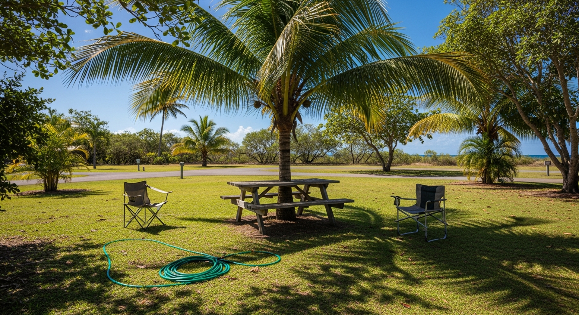 Motorhome parked under palms at a Queensland winter beach camp