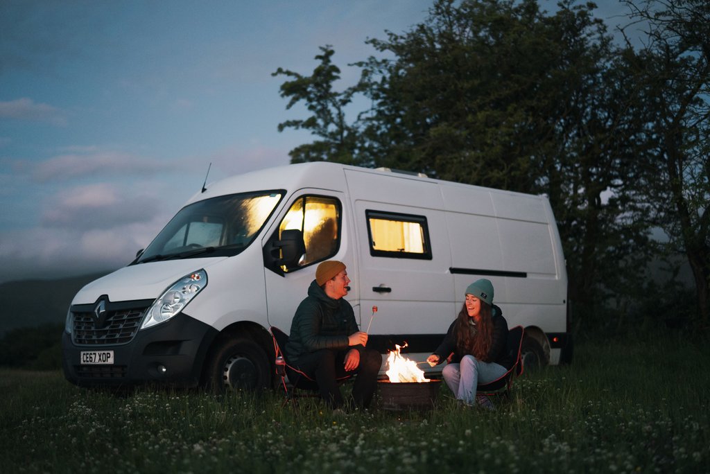 Motorhome parked overlooking scenic British countryside, Easter holiday adventure.