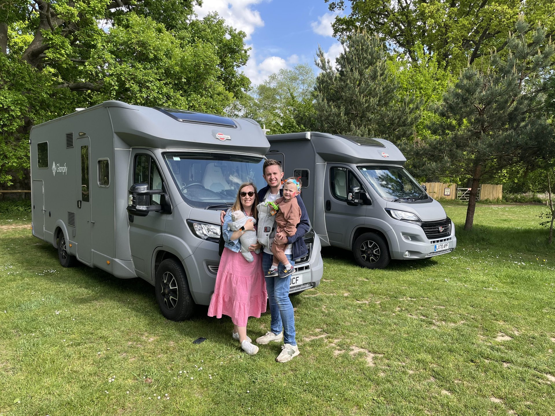 Motorhome parked up in picturesque countryside, representing van life and holidays.