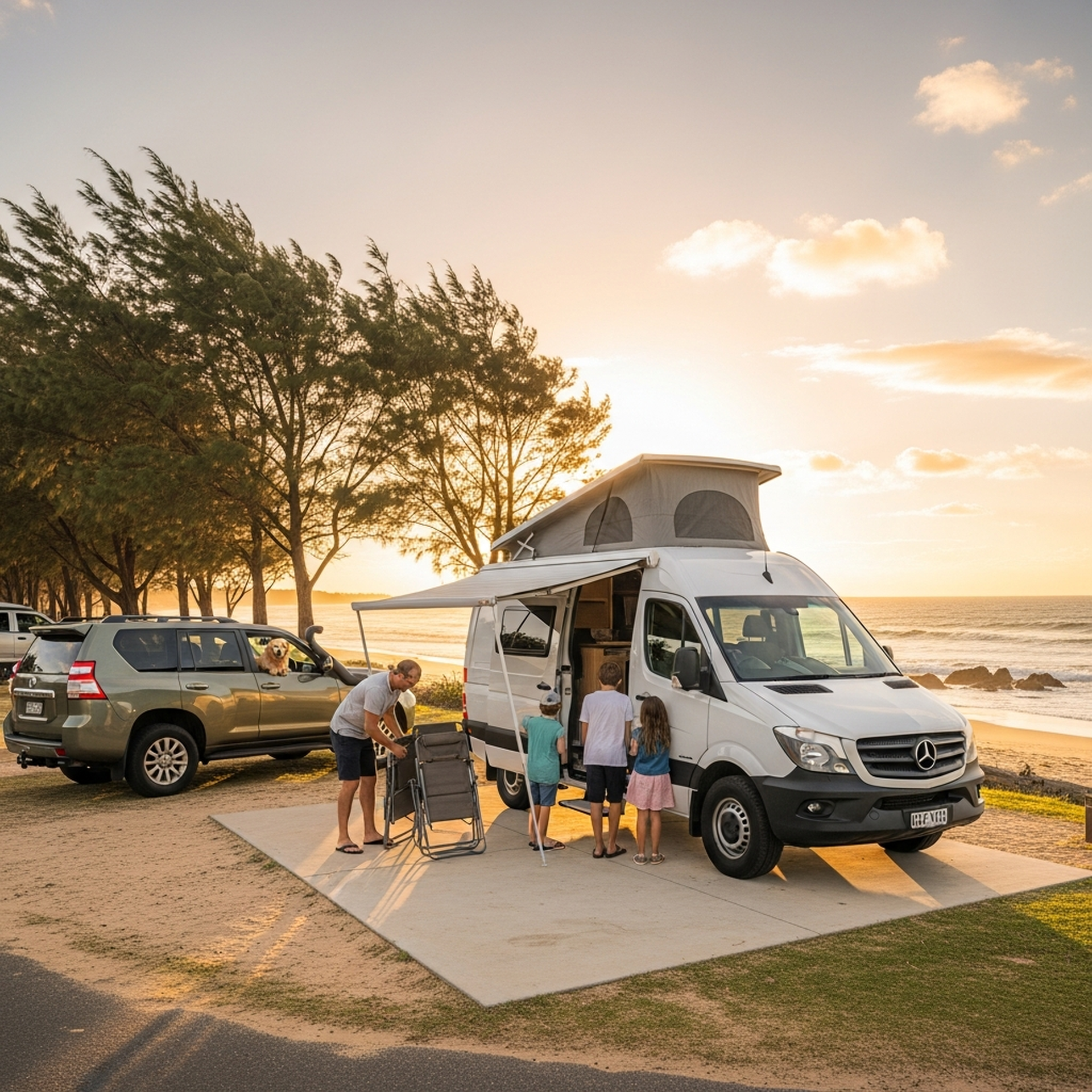 Campervan set up at beachside park with family car and dog arriving