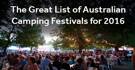Tents and campervans at an Aussie bush camping festival, fairy lights twinkling.