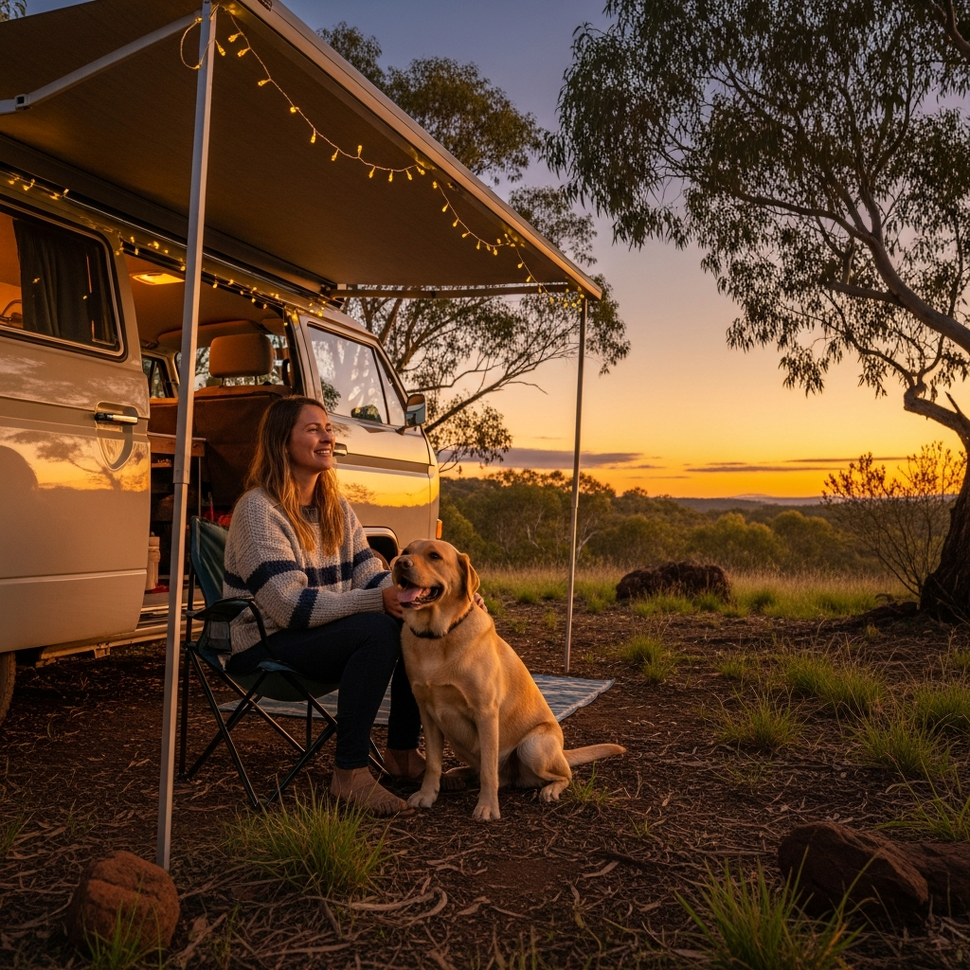 Happy woman with labrador at campervan sunset
