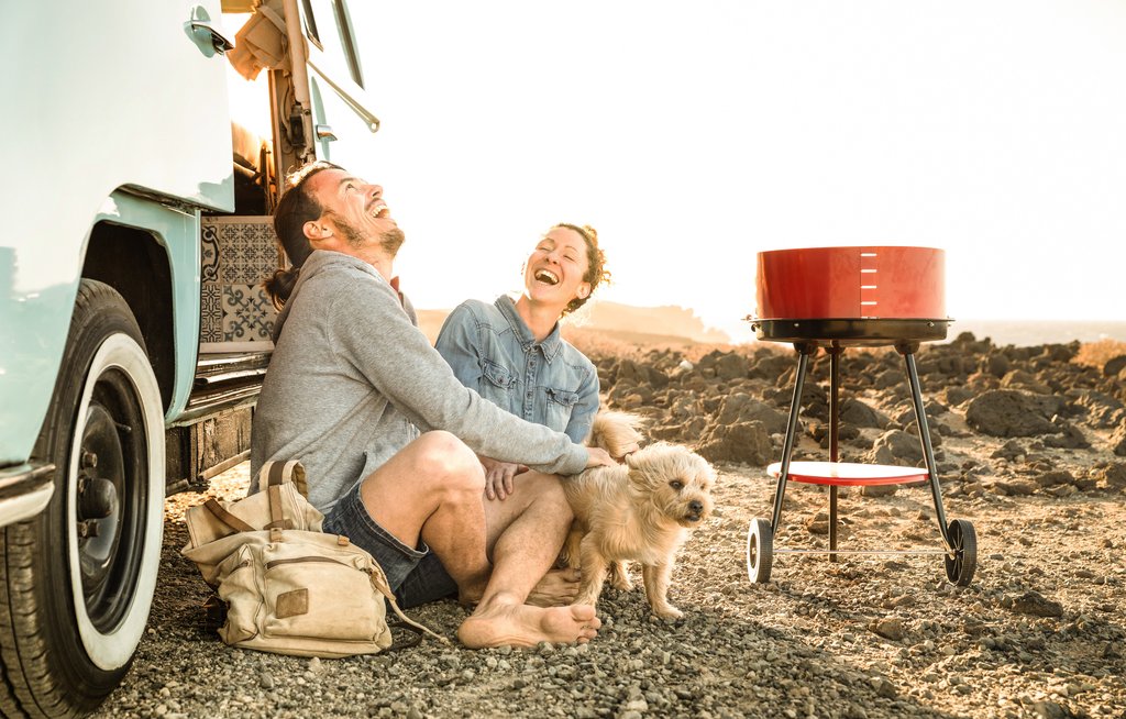 Furgoneta camper amarilla aparcada en la costa española, con perro mirando al mar.