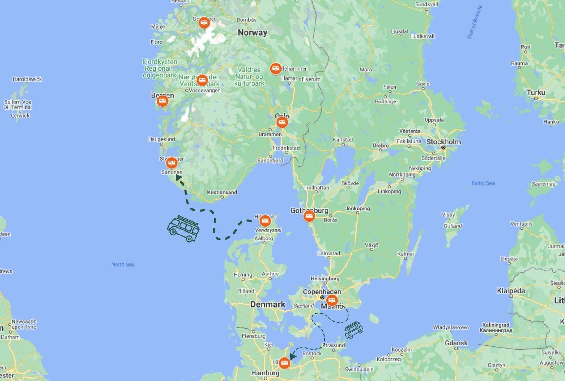 Reiseroute von Deutschland nach Norwegen und Schweden