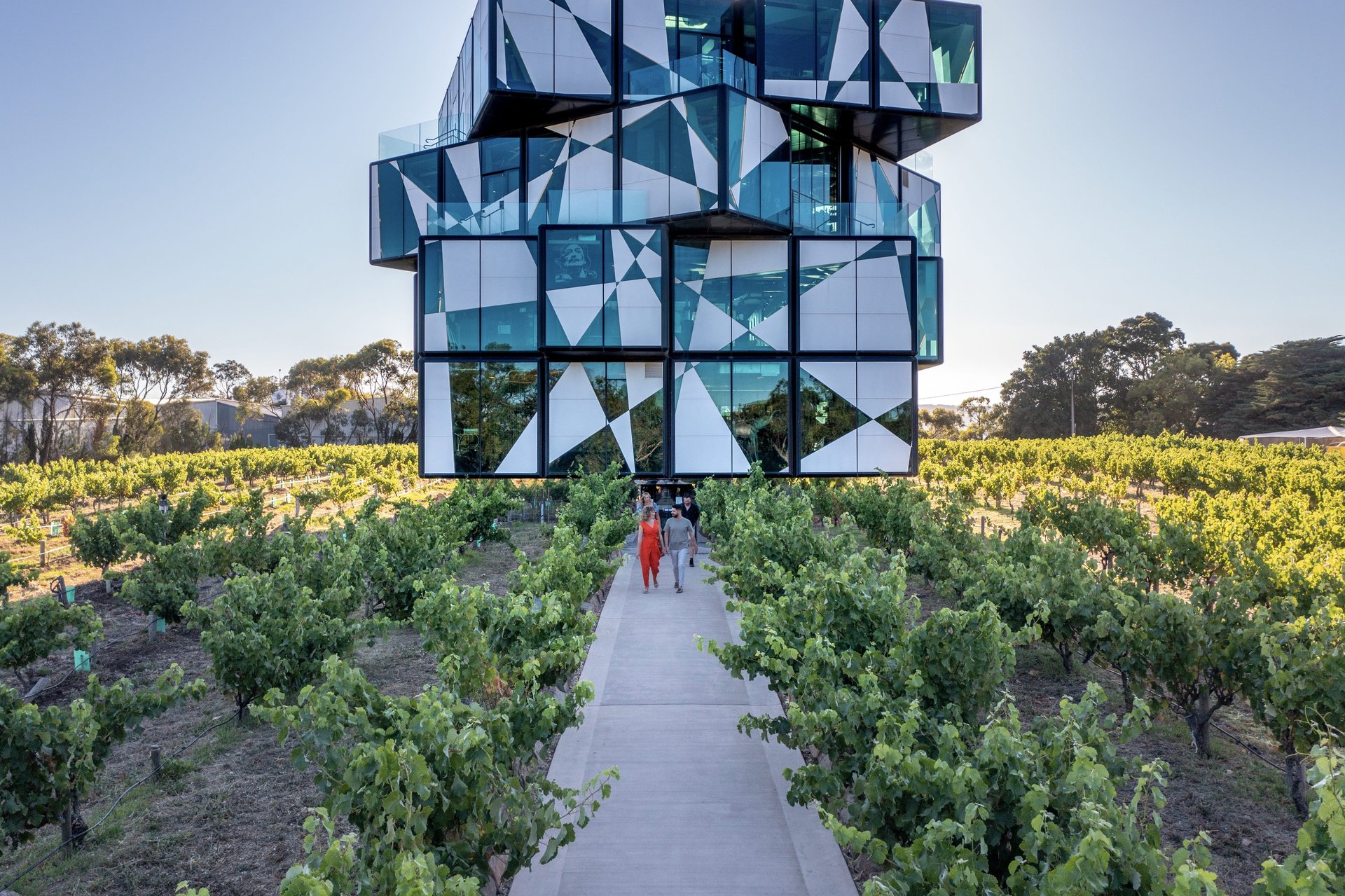 Modern geometric glass building over a vineyard, with a pathway leading to the entrance. People are walking toward the structure.