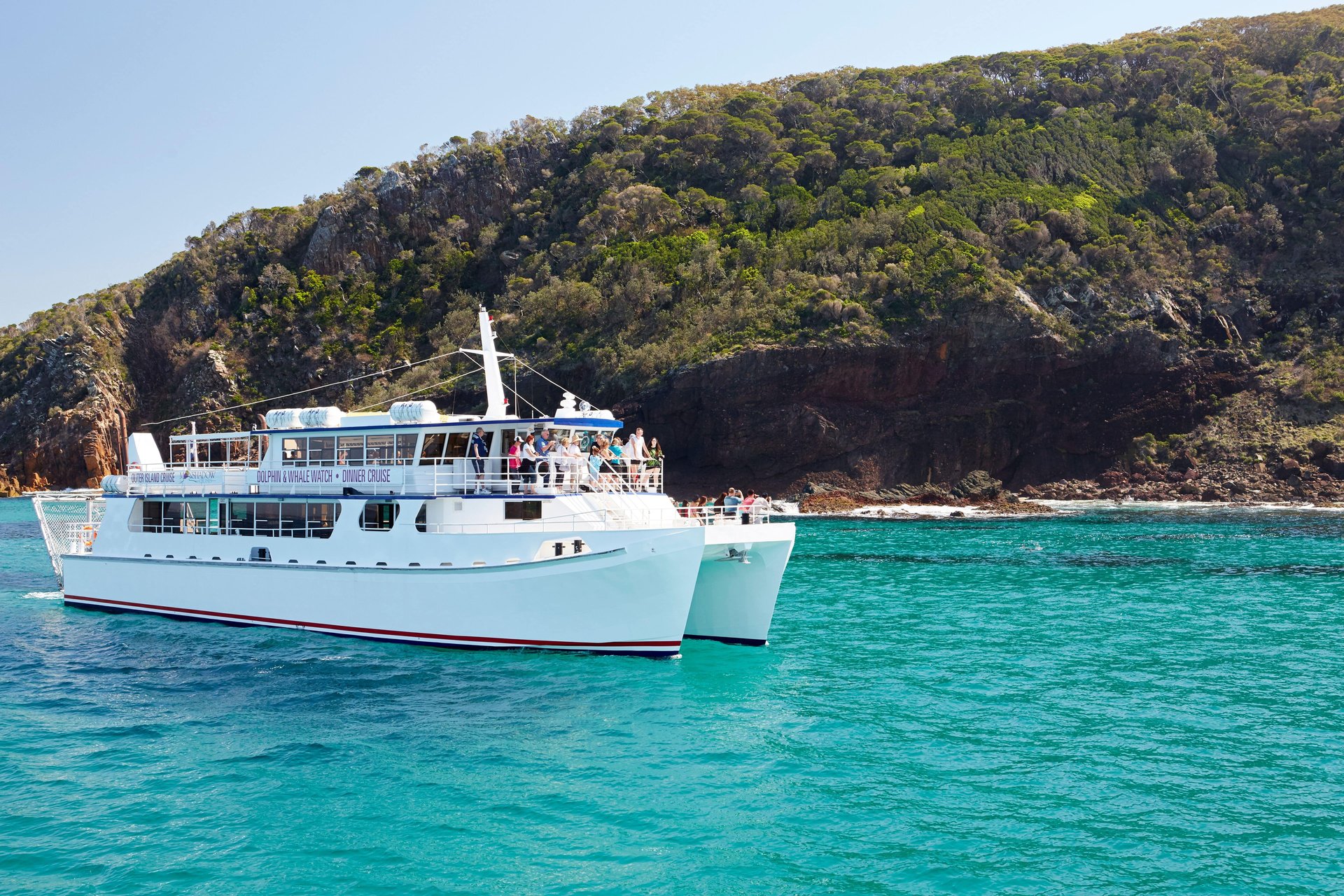 A white tour boat sails on clear turquoise water near a rocky, forested coastline under a clear blue sky.