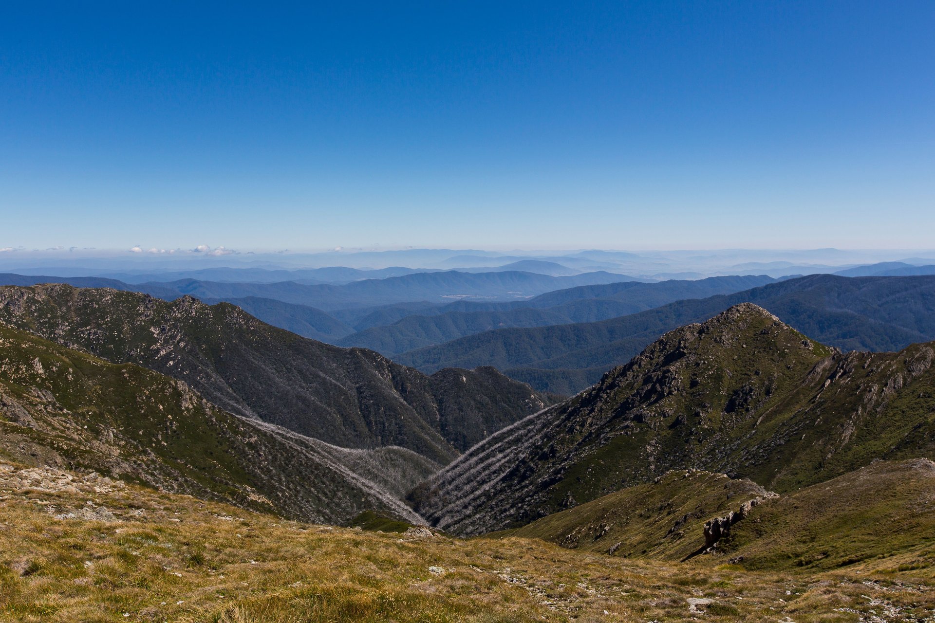 Wide view of layered blue mountain ridges with rocky peaks, grassy foreground and a clear blue sky.