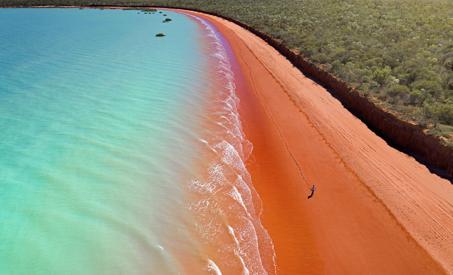 Aerial view of turquoise water meeting a red sand beach, lone walker with footprints along the shoreline and coastal scrub.