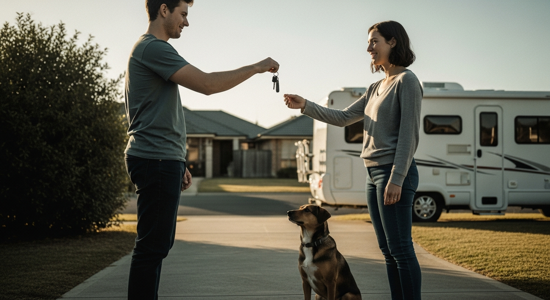 Owner welcoming hirer with dog