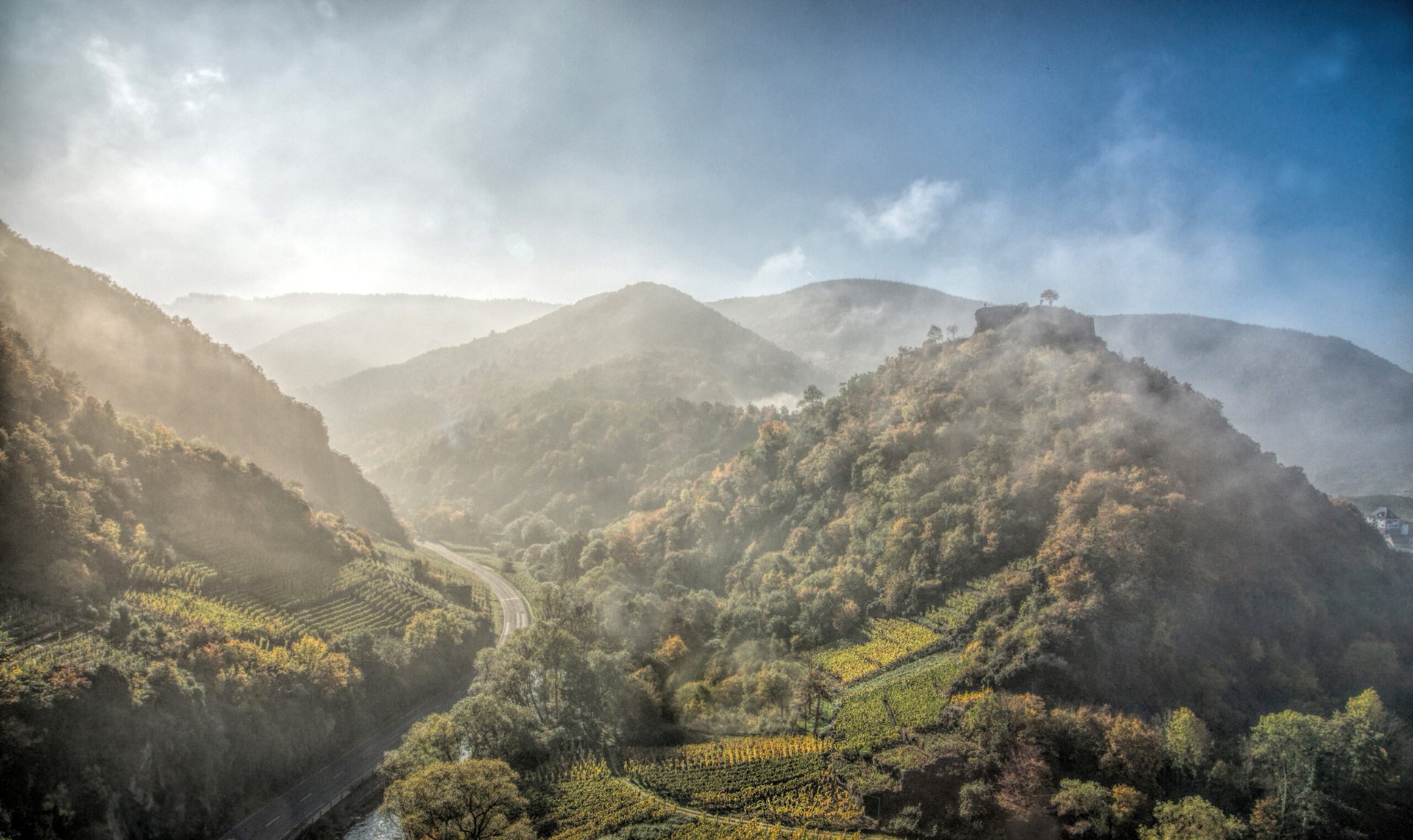 Ahrtal Sonnenaufgang Nebelüber den Weinbergen