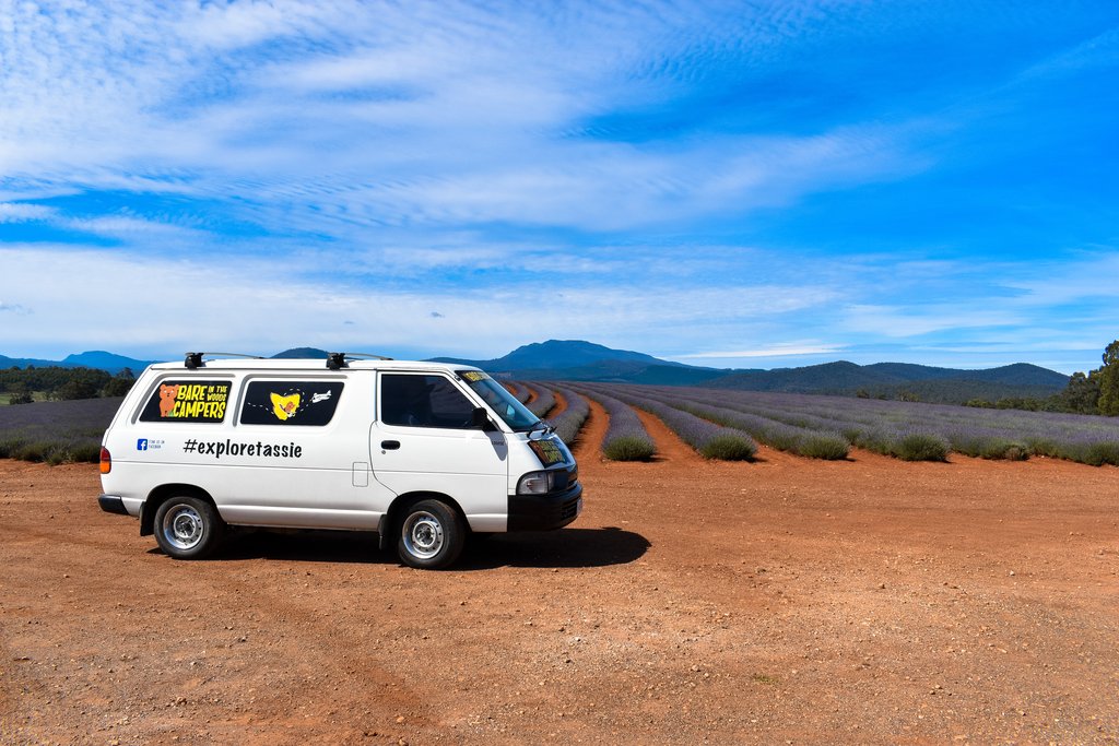 Campervan overlooking Wineglass Bay, Freycinet National Park. Tassie road trip goals!
