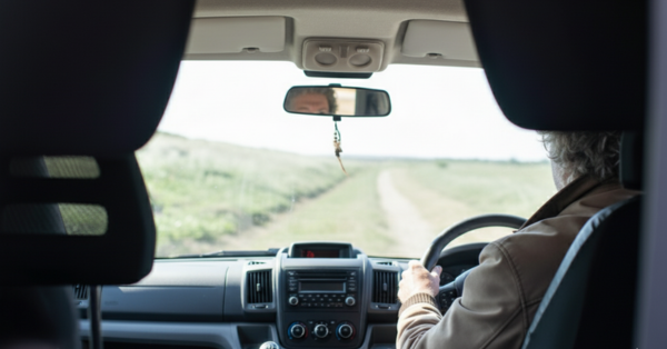 View from the back seat of a car, showing a person driving on a rural road with grassy fields visible through the windshield.