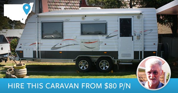 Caravan, nicknamed "Big Red", parked at a sunny bush camping spot. G'day adventures!
