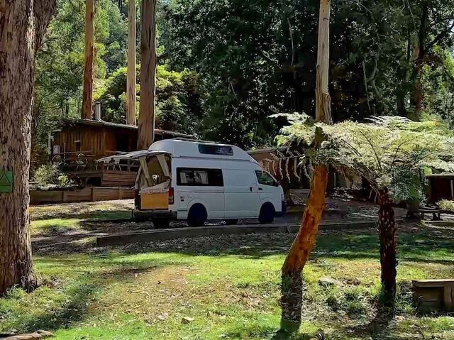 A Camplify eco camper van parked in a forest