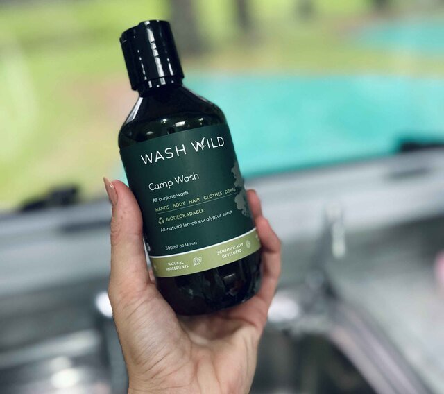 A bottle of Wild Wash Camp Wash