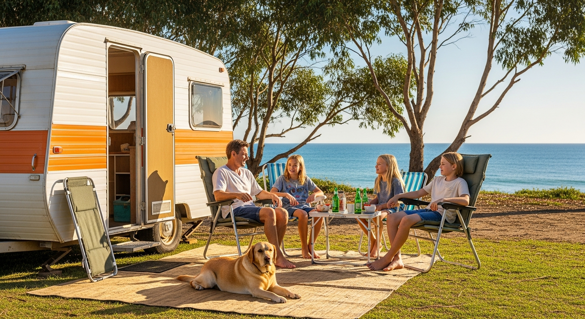 Family with dog at beachside caravan park
