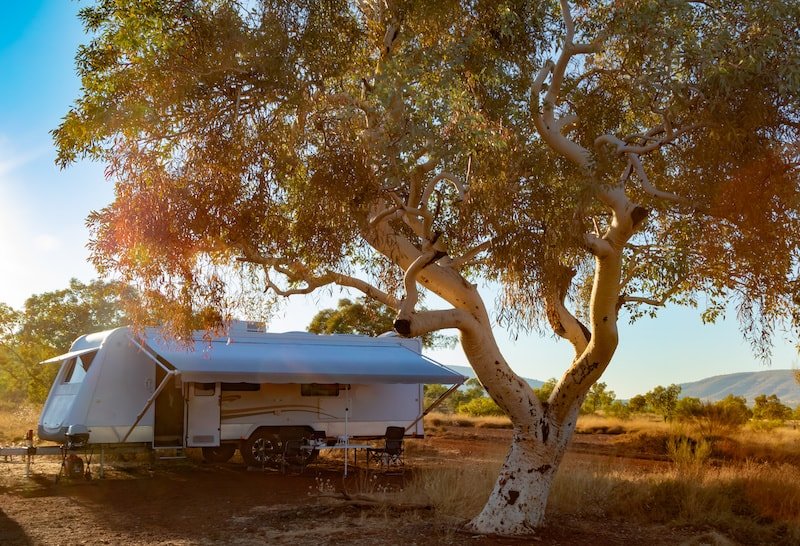 A caravan parked under a large tree in a sunny, rural landscape with scattered bushes and distant hills.