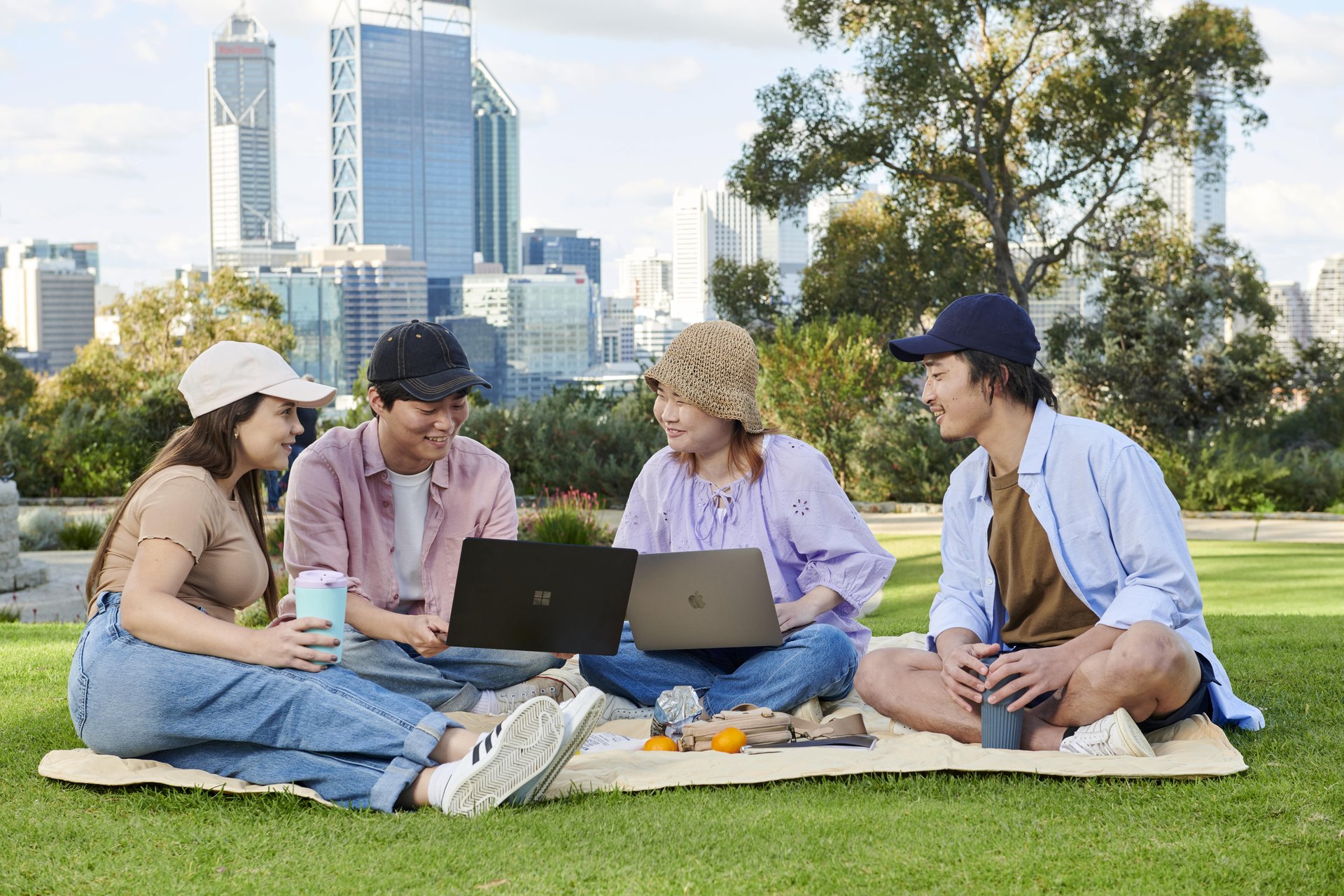 Four people sit on a picnic blanket in a park, using laptops and chatting. City skyline and trees are in the background.