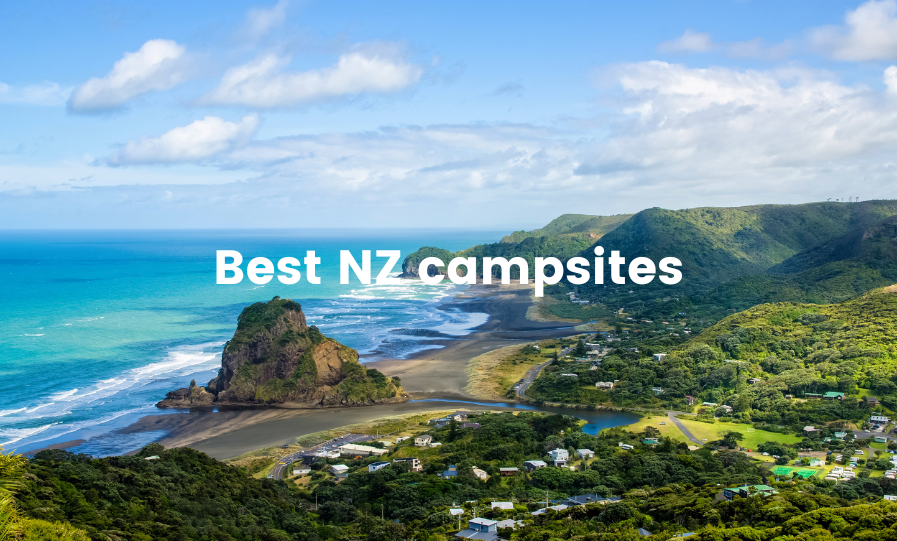 Stunning campsite in Aotearoa with a campervan parked up next to a beautiful lake.