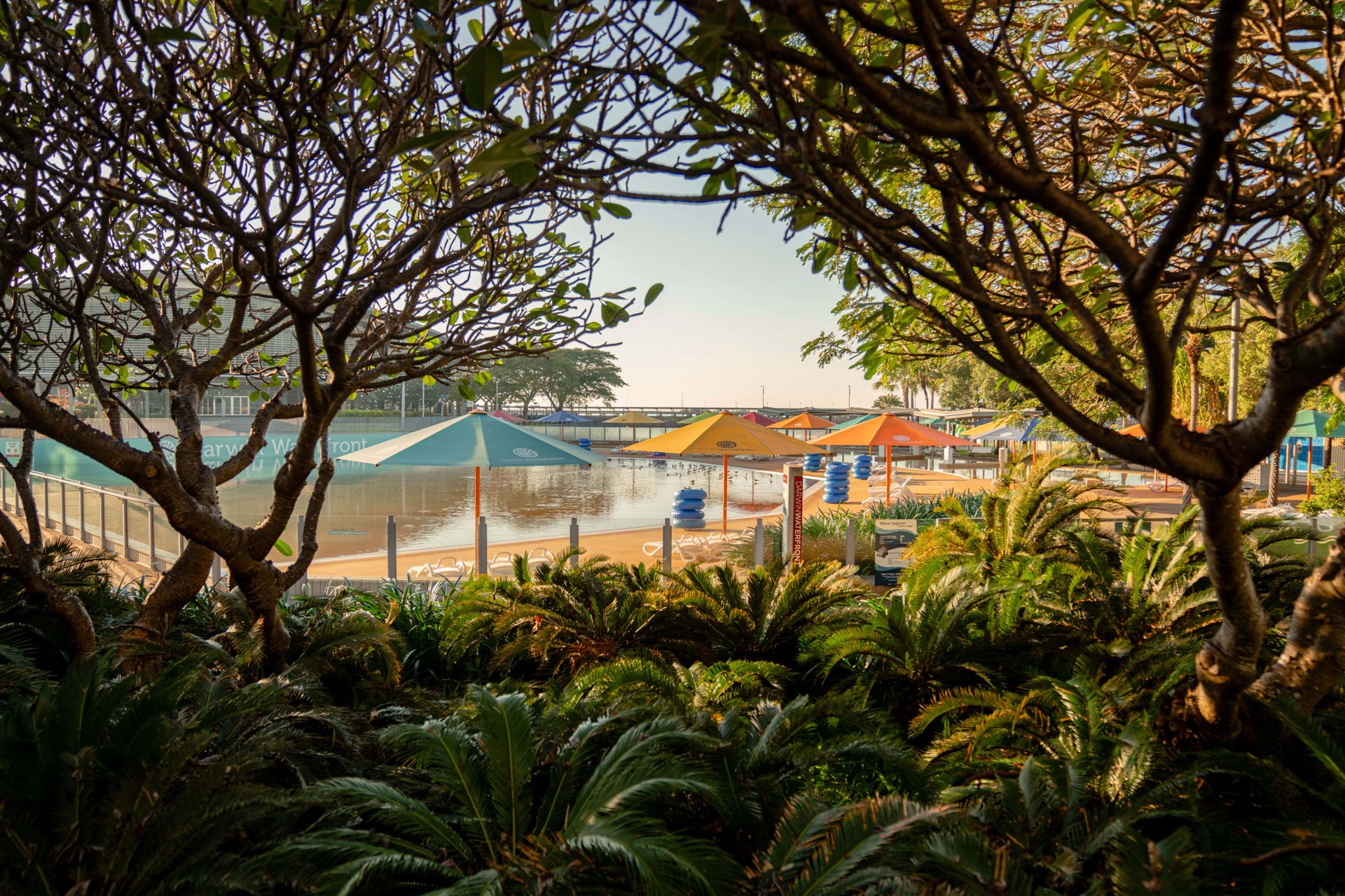 Sunlit lagoon with colorful umbrellas and lounge chairs, framed by tree branches and lush tropical plants.