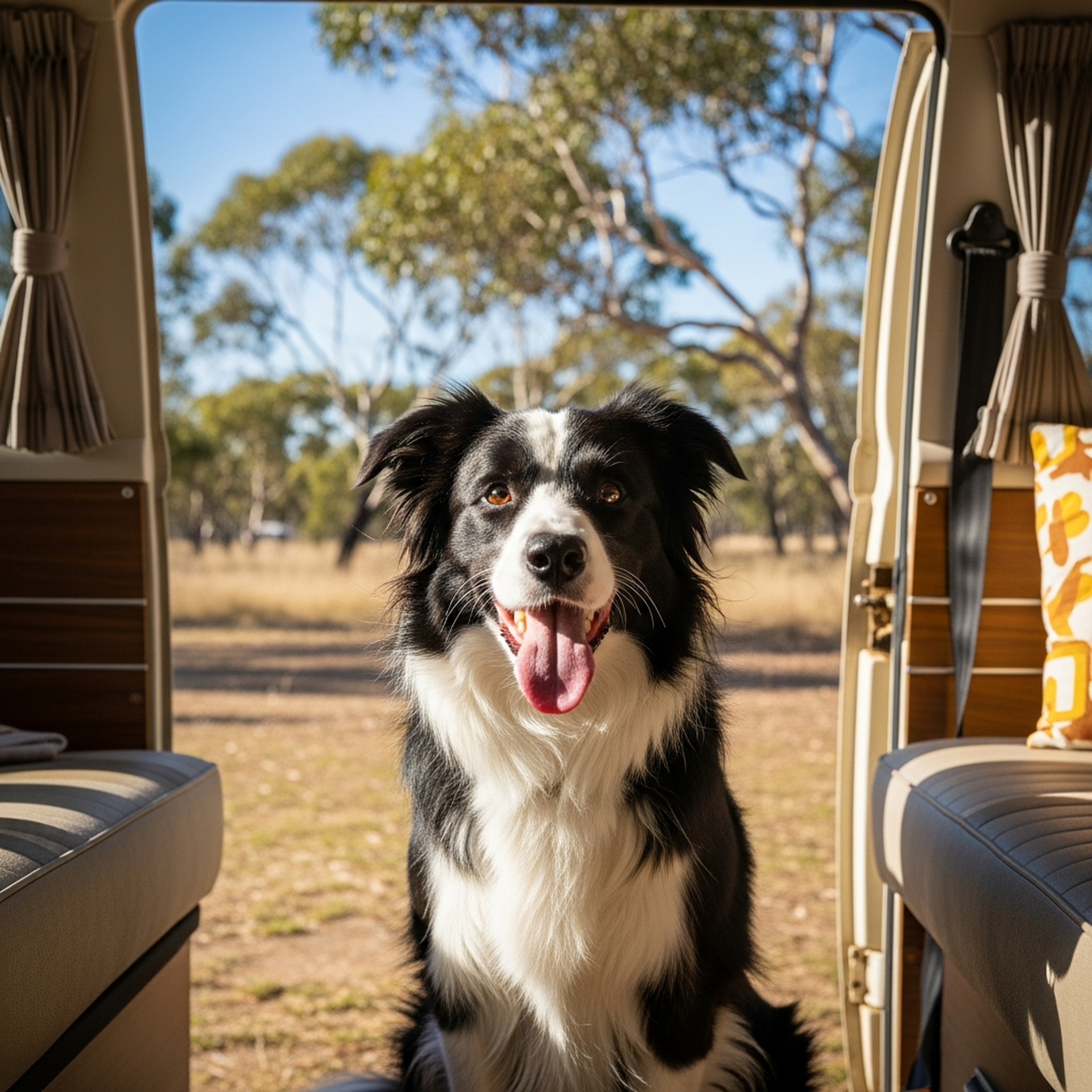 Happy border collie in campervan doorway at bush campsite