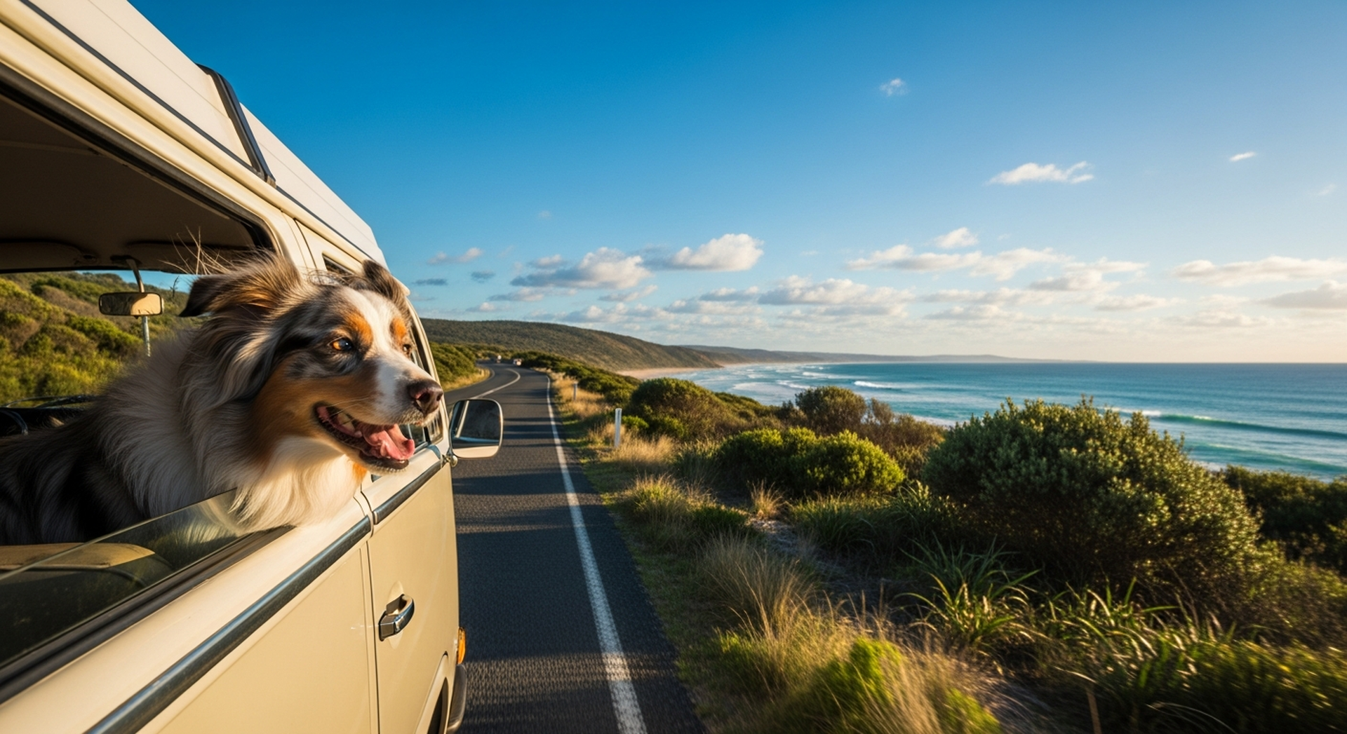 Dog enjoying road trip from campervan window