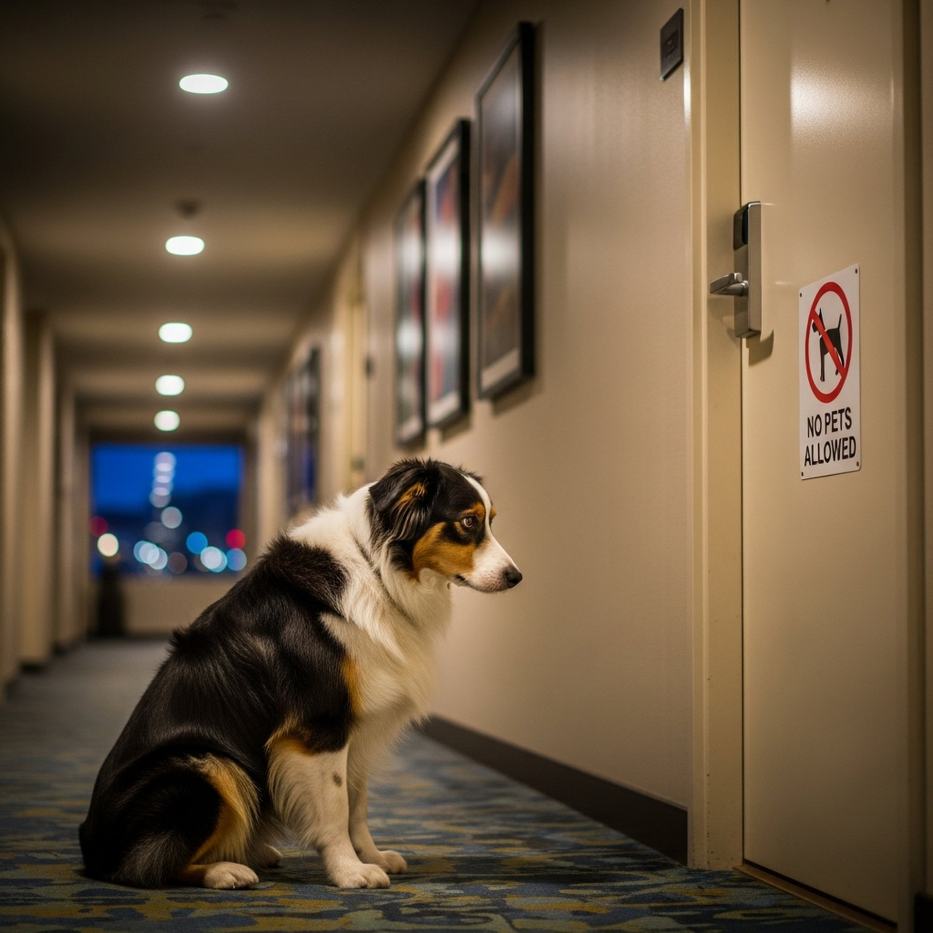 Dog looking sadly through a hotel window