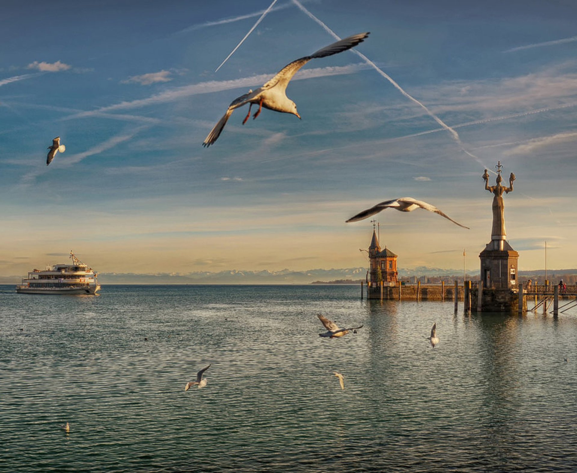 Bodensee, Moewen, meer, schip, brug, lucht, bergen