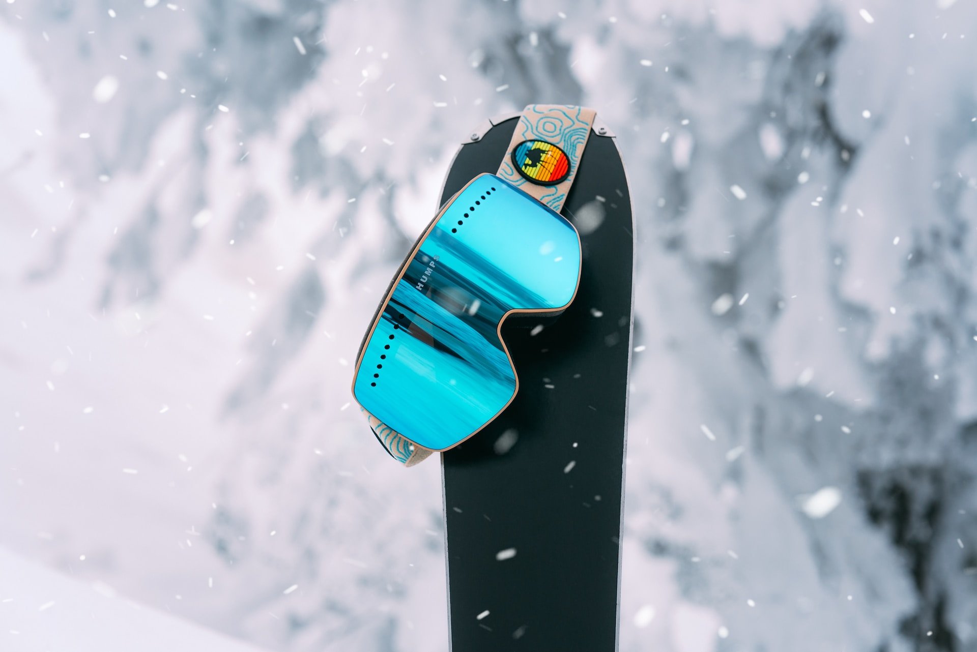 Snowboard mit Skibrille in Winterlandschaft