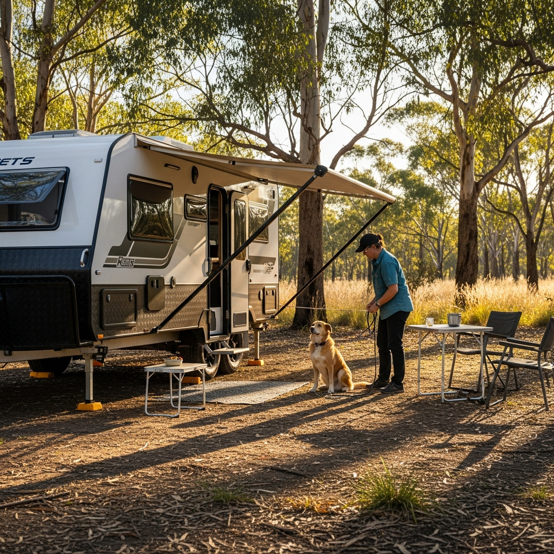 Caravan being set up at pet-friendly campsite with dog watching