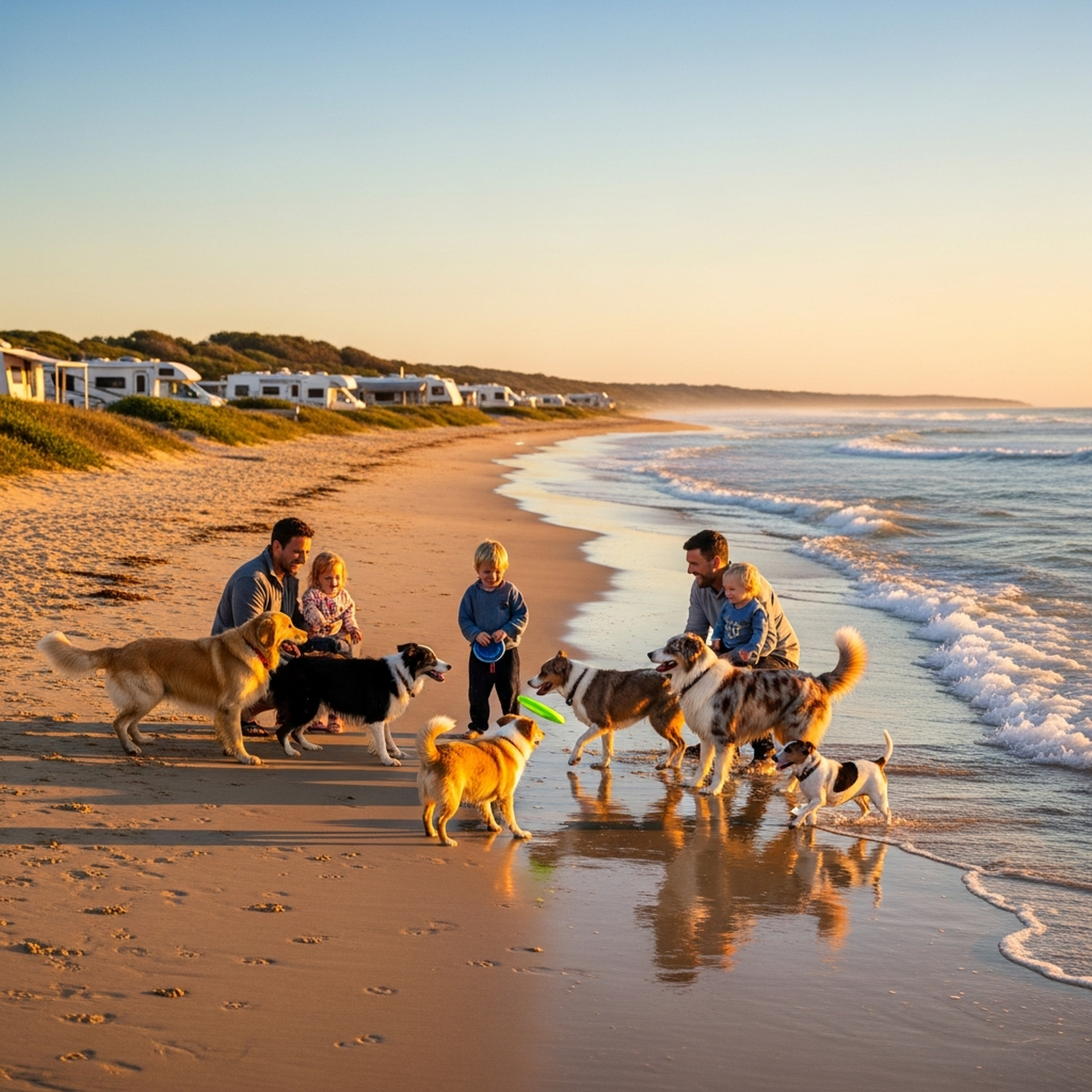 Two families with dogs meeting at a beachside campground