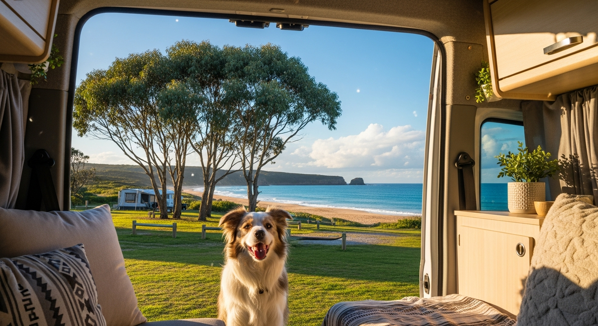 Dog in campervan doorway at coastal campsite