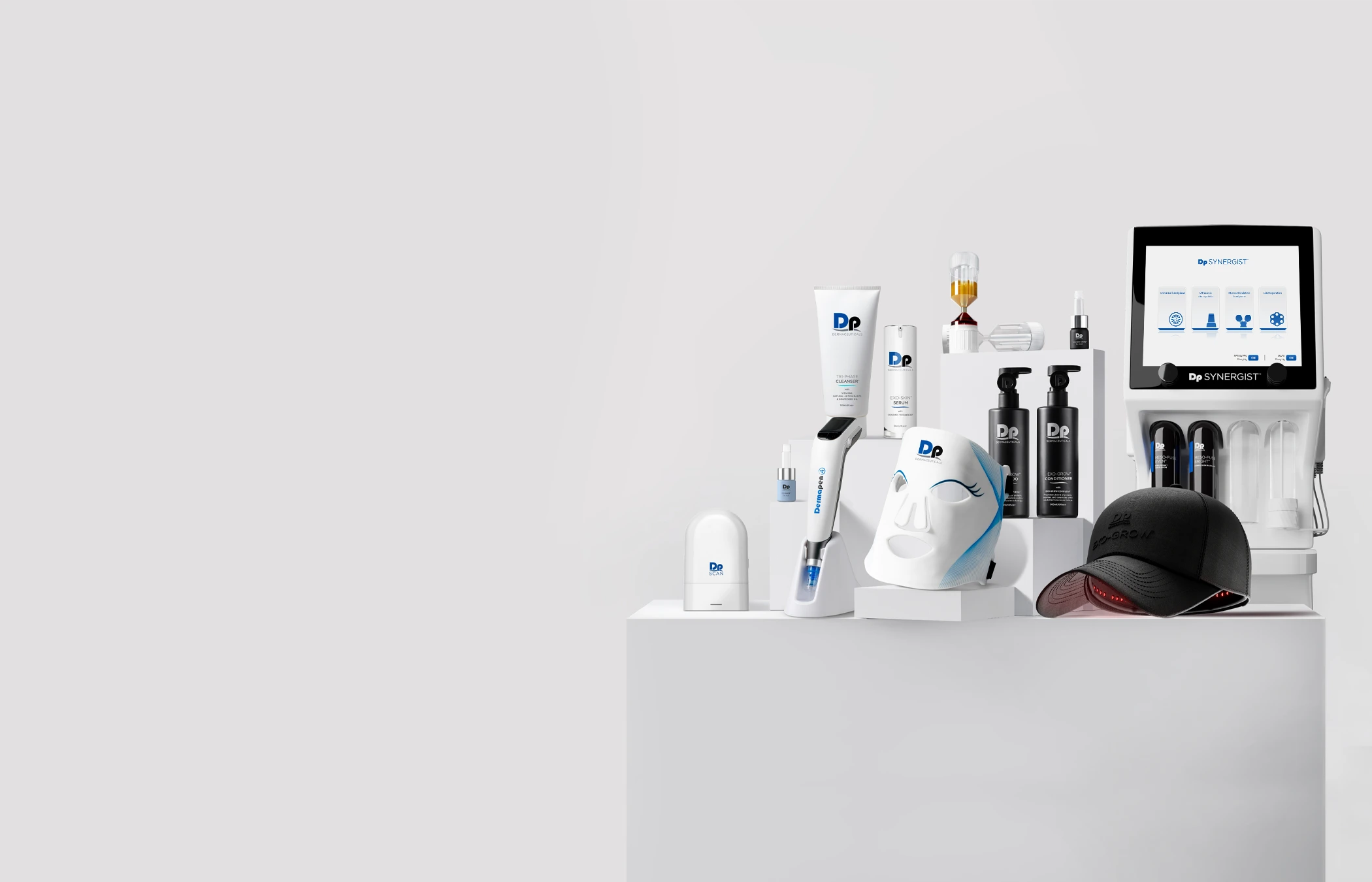 Image of DermapenWorld's range of products on a podium. Includes Dp Dermaceuticals, Dermapen 4, Dp SCAN, Dp PLASMA POWER and Dp SYNERGIST
