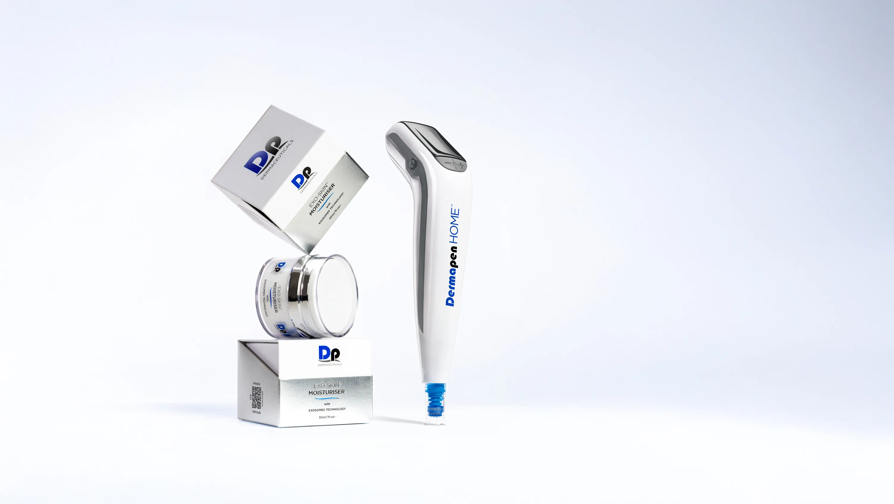 B2C mobile homepage header of Dp Dermaceuticals products and Dermapen HOME