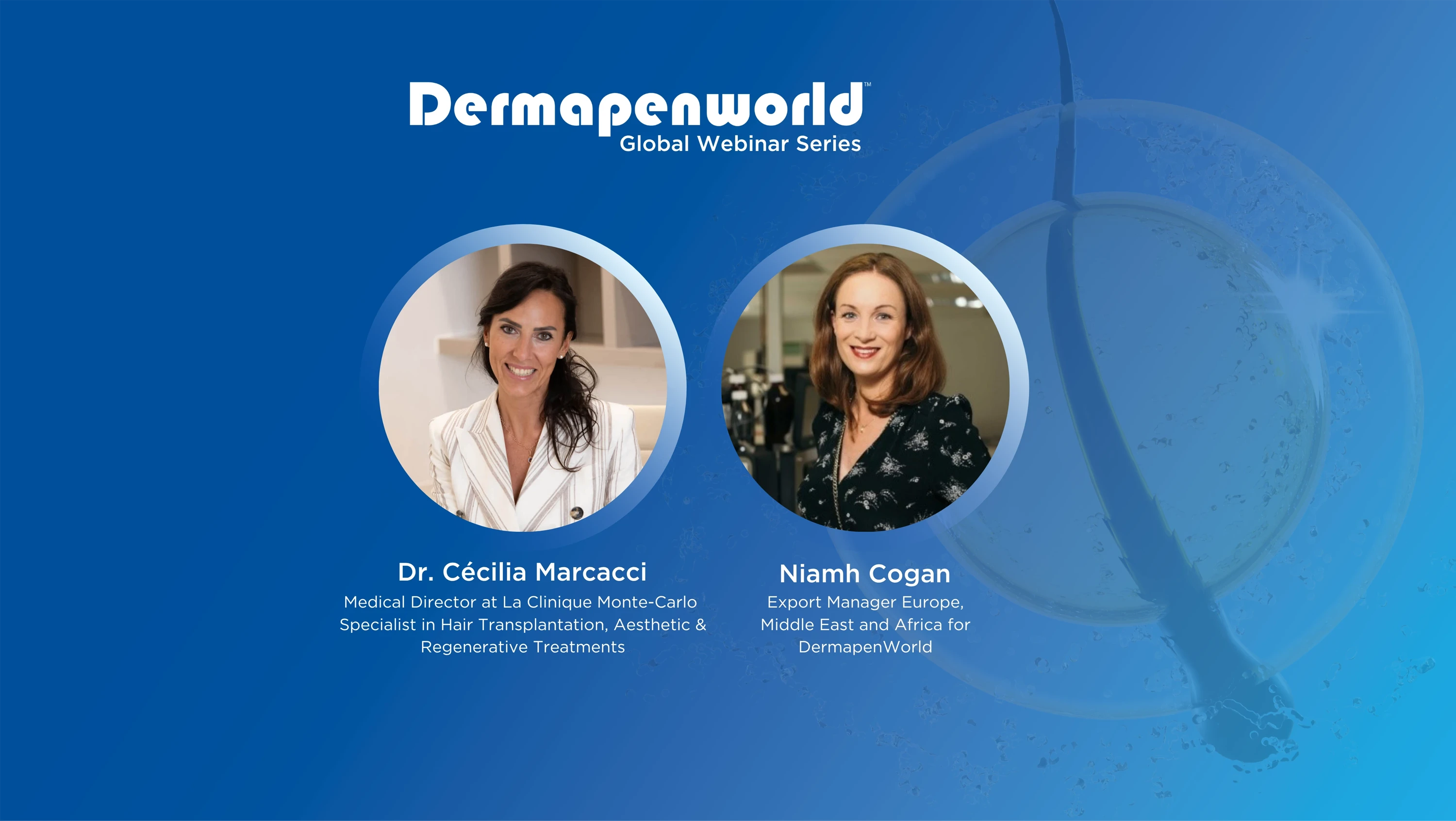 Mobile header for global webinar Oct 2025. Features headshots of speakers on blue background.
