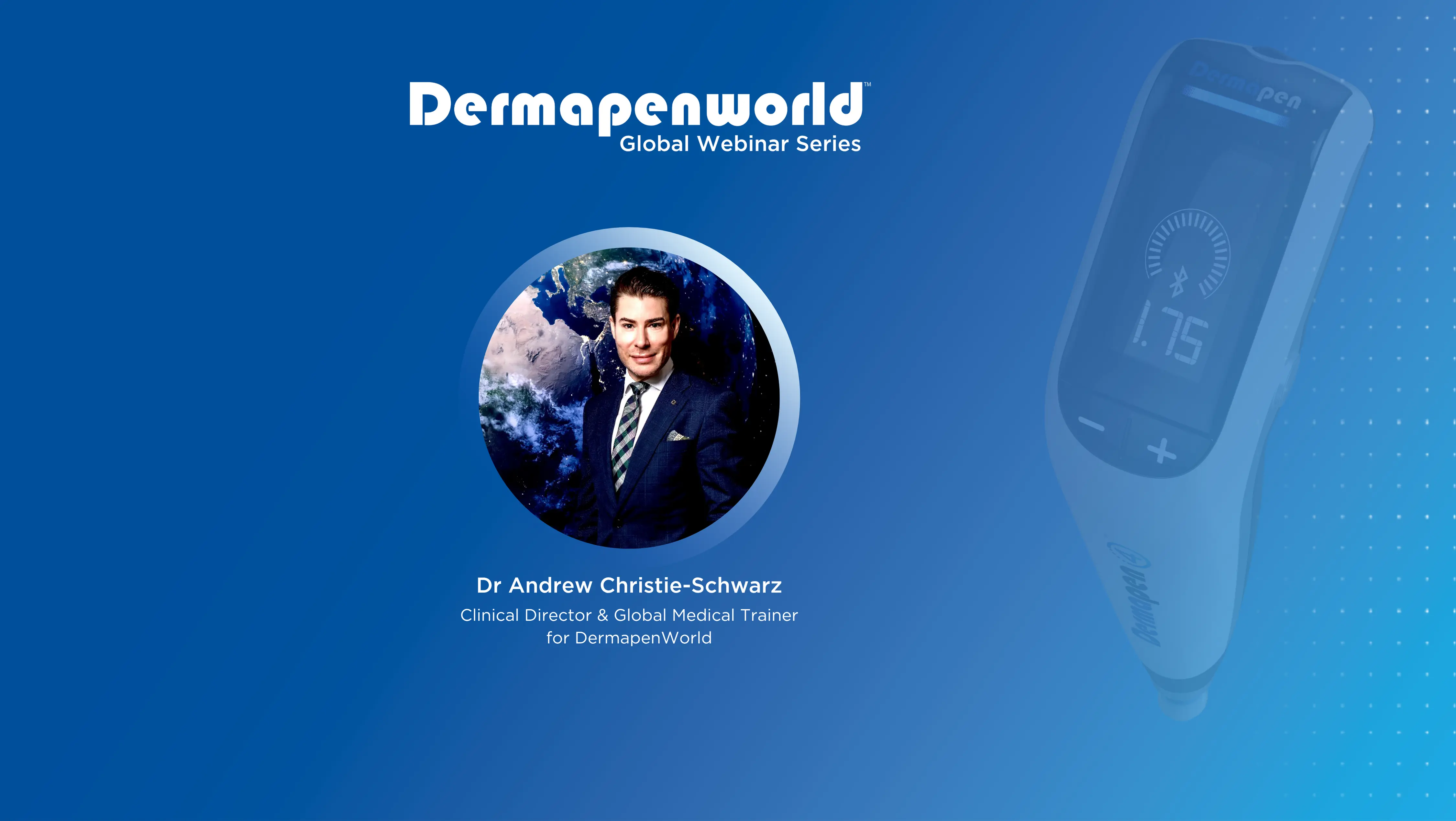 Mobile header for global webinar Nov 2025. Features headshots of speaker on blue background.