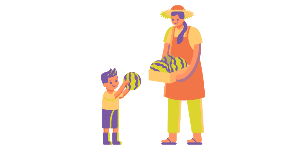 A child receiving a watermelon from a woman with a box of watermelons