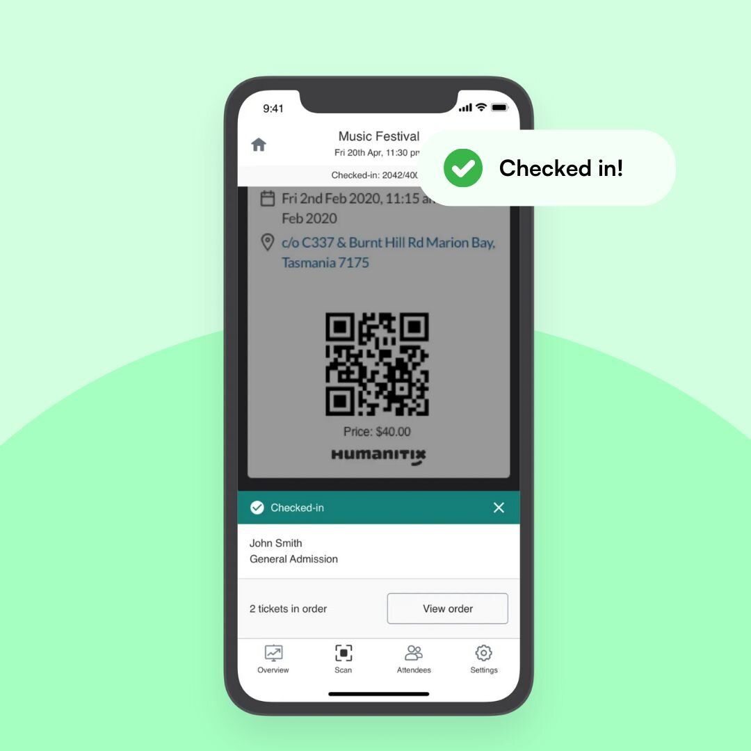 Mobile device with Humanitix checkin experience