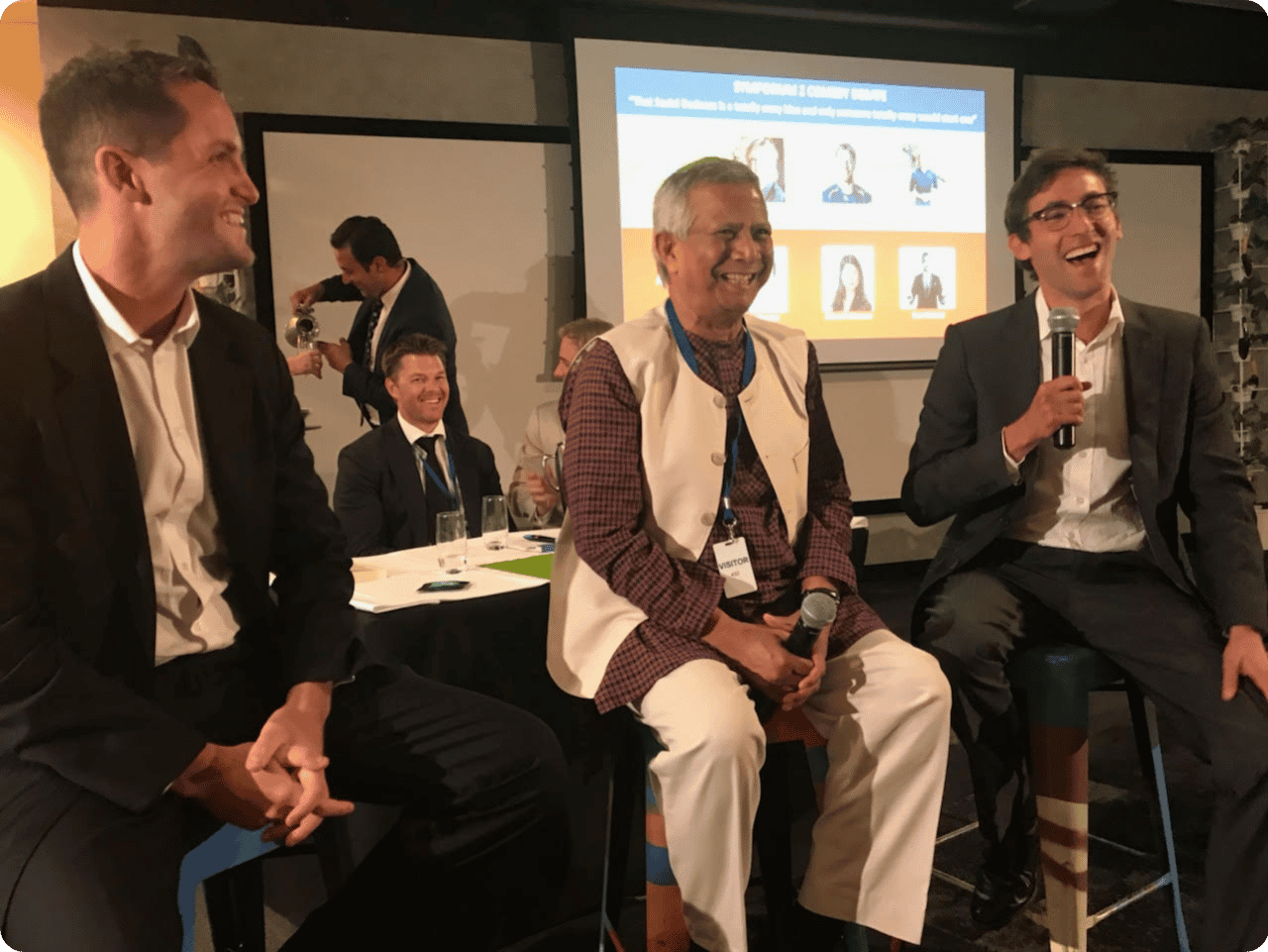Adam and Josh interviewing Professor Muhammad Yunus in 2018, founder of Grameen Bank