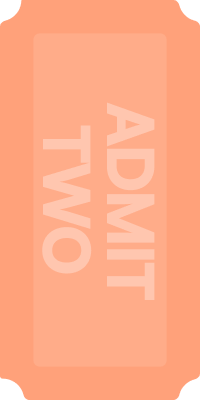 An orange ticket with the text "ADMIT TWO" written vertically.