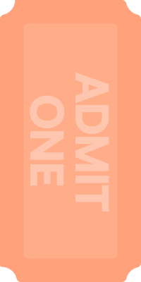 Orange ticket with rounded corners and the words "ADMIT ONE" in large, bold letters.