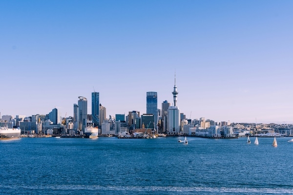 A photo of the Auckland city skyline, taken from the water.
