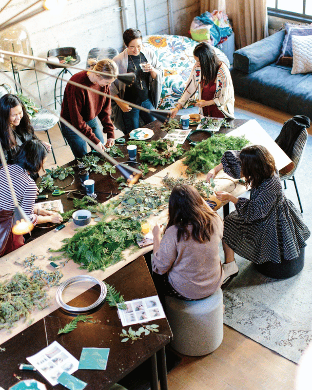 A bird's eye view of a workshop involving leaves